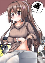 Rule 34 | 3girls, blush, breasts, brown eyes, brown hair, brown sweater, bucket, cherry blossoms, cleavage, commentary request, feet out of frame, hibiki (kancolle), kantai collection, long hair, medium breasts, multiple girls, ouno (nounai disintegration), pants, ponytail, ribbed sweater, sitting, solo focus, speech bubble, spoken squiggle, squiggle, sweat, sweater, wet, wet clothes, wet sweater, white pants, wringing clothes, yamato (kancolle), z3 max schultz (kancolle)