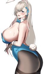 Rule 34 | 1girl, alternate breast size, animal ears, ass, asuna (blue archive), asuna (bunny) (blue archive), black pantyhose, blue archive, blue bow, blue bowtie, blue eyes, blue leotard, blush, bow, bowtie, breasts, cowboy shot, detached collar, fake animal ears, fake tail, gloves, hair between eyes, hairband, highres, huge breasts, ichinose (ichinose1592), leotard, long hair, looking at viewer, open mouth, pantyhose, playboy bunny, rabbit ears, rabbit tail, simple background, solo, sweat, tail, white background, white gloves