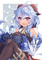 Rule 34 | 1girl, :d, absurdres, ahoge, bare shoulders, bell, blue hair, bodystocking, border, cowbell, detached sleeves, ganyu (genshin impact), genshin impact, goat horns, grey background, highres, horns, kento (kentdrawing), light blue hair, neck bell, open mouth, outside border, purple eyes, simple background, smile, solo, white border