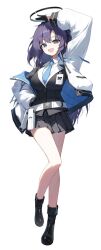 Rule 34 | 1girl, ammunition pouch, arm up, belt, belt pouch, black coat, black footwear, black gloves, black halo, blue archive, blue eyes, blue hair, blue necktie, breasts, coat, collared shirt, commentary, gloves, halo, hand on own hip, highres, huhi (huhi 1211), id card, jacket, lapels, large breasts, long hair, long sleeves, looking at viewer, necktie, open mouth, pouch, puffy long sleeves, puffy sleeves, shirt, simple background, smile, solo, standing, standing on one leg, two side up, white background, white belt, white jacket, white shirt, yuuka (blue archive)