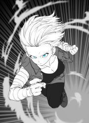 Rule 34 | 1girl, android 18, black dress, black leggings, blue eyes, boots, breasts, cleavage, denim, dragon ball, dragonball z, dress, fighting stance, flying, frown, highres, incoming attack, incoming punch, jeans, leggings, pants, punching, serious, skirt, v-shaped eyebrows, zequung, zquung