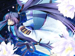 1boy bishounen blue_eyes child-box flower hair_ribbon headphones highres kamui_gakupo katana long_hair male_focus md5_mismatch ponytail purple_hair resolution_mismatch ribbon solo source_smaller sword two-tone_ribbon very_long_hair vocaloid weapon