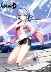 Rule 34 | 1girl, bandages, bandaged leg, bandages, bandeau, black shorts, blue hair, breasts, cleavage, collarbone, dingu, dolphin shorts, drawstring, gauntlets, hairband, jacket, knee pads, kneeling, long hair, long sleeves, looking at viewer, magic circle, medium breasts, midriff, navel, official art, open clothes, open jacket, orange eyes, pink jacket, ponytail, shoes, short shorts, shorts, sidelocks, smile, sneakers, solo, sparkle, stomach, thighs, unleashed, very long hair, watermark