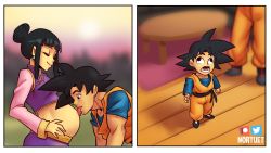 Rule 34 | 1girl, 2boys, black eyes, black hair, chi-chi (dragon ball), closed eyes, derivative work, dragon ball, earrings, highres, jewelry, long hair, multiple boys, nortuet, open mouth, pregnant, short hair, simple background, smile, son goku, son goten, tongue, tongue out