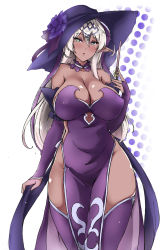 Rule 34 | 1girl, absurdres, bare shoulders, blush, bolobolo, breasts, choker, cleavage, cowboy shot, curvy, dark-skinned female, dark skin, detached sleeves, dress, elf, female focus, green eyes, hair between eyes, hair ornament, hat, highres, huge breasts, knife, long hair, long skirt, looking at viewer, parted lips, pointy ears, purple hat, purple thighhighs, side slit, simple background, skirt, solo, standing, symbol-shaped pupils, tan, thighhighs, thighs, weapon, white hair, wide hips, witch