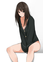 Rule 34 | 10s, 1girl, black sweater, blush, bottomless, breasts, brown hair, buttons, cardigan, cleavage, covering privates, covering crotch, embarrassed, green eyes, idolmaster, idolmaster cinderella girls, jewelry, leaning forward, long hair, long legs, looking at viewer, medium breasts, naked cardigan, naked sweater, necklace, no bra, school uniform, shibuya rin, simple background, sitting, solo, sweater, tsukino wagamo, v arms, white background