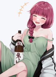 Rule 34 | 1girl, absurdres, bare shoulders, black bow, blunt bangs, bocchi the rock!, bottle, bow, braid, closed eyes, commentary request, dress, drunk, green dress, grey background, hair bow, hair over shoulder, highres, hiroi kikuri, jacket, long hair, low-braided long hair, low-tied long hair, medium dress, off shoulder, open clothes, open jacket, open mouth, purple hair, sasakichi (ssk chi), sharp teeth, single braid, sleeveless, sleeveless dress, solo, teeth
