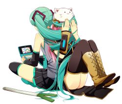 Rule 34 | 2girls, animal hat, bad id, bad pixiv id, boots, cat hat, covering face, cross-laced footwear, detached sleeves, green hair, handheld game console, hat, hatsune miku, knee boots, lace-up boots, long hair, megurine luka, multiple girls, necktie, nintendo 3ds, pink hair, simple background, sitting, skirt, spring onion, thigh boots, thighhighs, toeto (vocaloid), twintails, very long hair, vocaloid, white background, yamada (onigori105)
