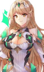 Rule 34 | 1girl, bare shoulders, blonde hair, breasts, brown eyes, cleavage, cleavage cutout, closed mouth, clothing cutout, collarbone, covered collarbone, dress, edamameoka, elbow gloves, gloves, hand on own hip, headpiece, highres, long hair, looking at viewer, medium breasts, mythra (xenoblade), simple background, smile, solo, sparkle, upper body, very long hair, white background, white dress, white gloves, xenoblade chronicles (series), xenoblade chronicles 2