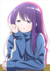 Rule 34 | 1girl, absurdres, blue jacket, blush, closed mouth, commentary request, hand on own face, head rest, highres, jacket, kubo-san wa mob wo yurusanai, kubo nagisa, long hair, long sleeves, looking at viewer, natsuki hiroshi, purple eyes, purple hair, simple background, smile, solo, track jacket, upper body, white background