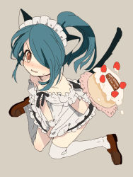 Rule 34 | 1boy, animal ears, blue hair, blush, cake, cat ears, cat tail, caterpillar (artist), clothes pull, food, fruit, hair over one eye, inazuma eleven, inazuma eleven (series), kazemaru ichirouta, long hair, maid, maid headdress, male focus, off shoulder, open mouth, ponytail, red eyes, skirt, skirt pull, solo, strawberry, tail, thighhighs, trap