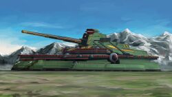 Rule 34 | absurdres, armored train, cannon, commission, commissioner upload, duel monster, grasslands, highres, landscape, landship, military vehicle, mountain, no humans, outdoors, pixiv commission, railroad tracks, railway gun, rokubotei ayagiri, sky, superdreadnought rail cannon juggernaught liebe, train, turret, vehicle focus, yu-gi-oh!