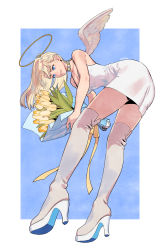 Rule 34 | 1girl, angel, angel wings, blonde hair, blue background, blue eyes, boots, bouquet, choker, dress, feathered wings, flower, halo, high heel boots, high heels, highres, holding, holding bouquet, holding flower, leaf, leaning forward, long hair, okada (hoooojicha), original, parted lips, ribbon, sleeveless, sleeveless dress, smile, solo, thigh boots, thighhighs, tulip, white choker, white dress, white footwear, white wings, wings, yellow flower