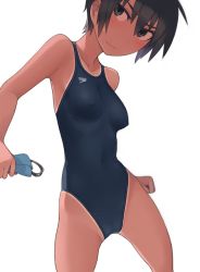 Rule 34 | 1girl, black eyes, black hair, black one-piece swimsuit, breasts, commentary request, competition swimsuit, covered erect nipples, cowboy shot, goggles, highleg, highleg swimsuit, holding, holding goggles, kuronami (lvi), logo, looking at viewer, lvi, one-piece swimsuit, one-piece tan, original, short hair, simple background, small breasts, solo, speedo (company), unworn swim cap, swimsuit, tan, tanline, tomboy, white background