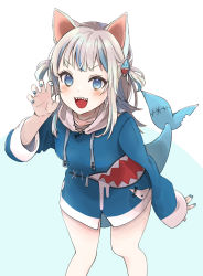 Rule 34 | &gt;:), 1girl, animal ears, blue eyes, blue hoodie, blue nails, cat ears, commentary, feet out of frame, fins, fish tail, from above, gawr gura, gawr gura (1st costume), hand up, highres, hololive, hololive english, hood, hood down, hoodie, long hair, looking at viewer, maitopartan, multicolored hair, nail polish, open mouth, shark tail, sharp teeth, silver hair, solo, standing, streaked hair, tail, teeth, two-tone background, two side up, v-shaped eyebrows, virtual youtuber