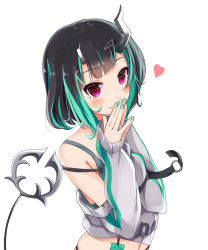 Rule 34 | 1girl, black hair, black tank top, blue hair, blue nails, blush, closed mouth, commentary request, cowboy shot, demon girl, demon horns, demon tail, fang, flat chest, grey choker, grey sweater, hair ornament, hairclip, heart, horns, long sleeves, looking at viewer, medium hair, multicolored hair, nail polish, nanashi inc., official alternate costume, own hands together, red eyes, sch, shishio chris, shishio chris (2nd costume), simple background, single bare shoulder, smile, solo, strap slip, sugar lyric, sweater, tail, tank top, two-tone hair, virtual youtuber, white background