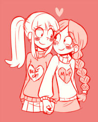 Rule 34 | 2girls, bad id, bad pixiv id, blunt bangs, blush, blush stickers, braid, closed mouth, couple, cowboy shot, cropped legs, earrings, english text, eye contact, eyebrows, female focus, gias-ex-machella, gravity falls, hair ornament, heart, heart earrings, heart print, holding hands, jewelry, long hair, long sleeves, looking at another, mabel pines, monochrome, multiple girls, pacifica northwest, parted bangs, pink background, pleated skirt, ponytail, red theme, sidelocks, simple background, single braid, skirt, smile, sweater, yuri