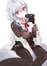 Rule 34 | 1girl, black sweater, breasts, controller, gloves, hakase fuyuki, highres, holding, holding controller, large breasts, nijisanji, playstation controller, red eyes, shia job, sitting, solo, sweater, virtual youtuber, white background, white gloves, white hair