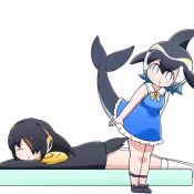 Rule 34 | 2girls, = =, animated, bird tail, black hair, blue dress, blue hair, cetacean tail, commentary, common dolphin (kemono friends), dress, emperor penguin (kemono friends), fins, fish tail, frilled dress, frills, headphones, kemono friends, looping animation, lying, massage, medium hair, multicolored hair, multiple girls, on stomach, sailor dress, simple background, slapping, sleeveless, sleeveless dress, tail, tail knocking, tail slapping, taro (tontaro), video, white background, white hair