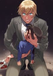 Rule 34 | 2boys, amuro tooru, angry, arm around waist, black footwear, blazer, bleeding, blonde hair, blood, blood on clothes, blood on face, blood on hands, blood on leg, blue eyes, blue jacket, blue neckwear, brown hair, carrying, child, clenched teeth, collared shirt, commentary request, deep wound, dripping, edogawa conan, facing away, formal, gradient background, grey jacket, grey pants, grey shorts, grey suit, hair between eyes, hand on another&#039;s head, injury, jacket, k (gear labo), long sleeves, looking at viewer, male focus, meitantei conan, multiple boys, necktie, pants, shadow, shirt, shoes, short hair, shorts, sneakers, socks, squatting, suit, teeth, v-shaped eyebrows, white legwear, white shirt