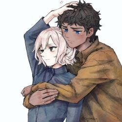 Rule 34 | 2boys, bags under eyes, black eyes, black hair, blue eyes, blush, chinese commentary, commentary, curly hair, dark-skinned male, dark skin, dungeon meshi, elf, english commentary, grey hair, headpat, highres, hug, hug from behind, kabru, lazy eye, long sleeves, looking at another, male focus, mithrun, multiple boys, notched ear, pointy ears, shirt, short hair, simple background, tryton0104, uneven eyes, wavy hair, white background, yaoi
