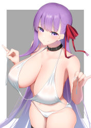 Rule 34 | 1girl, bare shoulders, bb (fate), bb (fate/extra), blush, breasts, cleavage, fate/extra, fate/extra ccc, fate (series), hair ribbon, highres, kitajima yuuki, large breasts, long hair, looking at viewer, purple eyes, purple hair, red ribbon, ribbon, thighs, very long hair