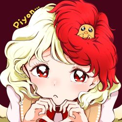 Rule 34 | 1girl, animal, animal on head, bird, bird on head, bird wings, blonde hair, blush, chick, closed mouth, emoji, feathered wings, highres, kaisenpurin, looking at viewer, multicolored hair, niwatari kutaka, on head, pleading face emoji, portrait, red background, red eyes, red hair, shirt, short hair, simple background, solo, touhou, two-tone hair, white shirt, wings, yellow wings