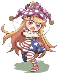 Rule 34 | 1girl, american flag dress, american flag legwear, blonde hair, blush, clownpiece, dress, fairy, fairy wings, fang, full body, hat, highres, jester cap, long hair, looking at viewer, open mouth, pantyhose, pink eyes, polka dot, polka dot headwear, purple hat, rokugou daisuke, short sleeves, signature, simple background, smile, solo, star (symbol), star print, striped clothes, striped dress, striped pantyhose, touhou, white background, wings