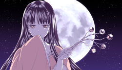Rule 34 | 1girl, black hair, blunt bangs, branch, closed mouth, commentary, frilled shirt collar, frills, full moon, hand to own mouth, hands up, hime cut, holding, holding branch, houraisan kaguya, japanese clothes, jeweled branch of hourai, kimono, kyuu umi, long hair, long sleeves, looking at viewer, monochrome, moon, night, night sky, pink eyes, pink kimono, sky, smile, solo, star (sky), starry sky, touhou, upper body, wide sleeves
