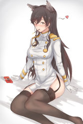 Rule 34 | 1girl, animal ears, atago (azur lane), azur lane, black hair, blush, breasts, brown eyes, commentary request, food, garter straps, gloves, heart, highres, large breasts, long hair, long sleeves, looking at viewer, miniskirt, mole, mole under eye, mouth hold, pencil skirt, pocky, pocky day, sitting, skirt, solo, thighhighs, white gloves, yusha m