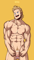 Rule 34 | 1boy, :d, abs, bara, blonde hair, blue eyes, boku no hero academia, completely nude, cowboy shot, flaccid, flexing, highres, inunekostudio, male focus, muscular, muscular male, navel, nipples, nude, open mouth, pectorals, penis, short hair, smile, solo, spiked hair, stomach, thick thighs, thighs, togata mirio, veins, veiny penis