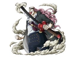 Rule 34 | 1boy, black jacket, black pants, holding, holding sword, holding weapon, jacket, licking, licking blade, licking weapon, long hair, male focus, official art, one piece, one piece treasure cruise, open clothes, open jacket, pants, pink hair, sharp teeth, shirt, smoke, solo, squardo, sword, teeth, tongue, tongue out, weapon, white shirt