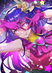 Rule 34 | 1girl, absurdres, armpits, belt, black belt, blush, brooch, commentary, dress, frilled gloves, frills, gloves, hair between eyes, hair ornament, heart, heart brooch, heart hands, heart hands over eye, highres, hoshino ai (oshi no ko), idol, idol clothes, jewelry, lens flare, long hair, looking at viewer, one side up, oshi no ko, outline, pink dress, pink gloves, purple eyes, purple hair, rabbit hair ornament, sidelocks, sleeveless, sleeveless dress, smile, solo, sparkling eyes, star-shaped pupils, star (symbol), star hair ornament, symbol-shaped pupils, teddy (khanshin), tongue, tongue out, turtleneck, turtleneck dress, upper body, white outline
