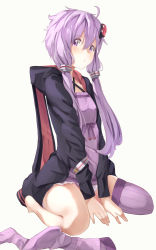 Rule 34 | 1girl, blush, convenient censoring, dress, hair ornament, highres, hood, hooded jacket, jacket, kanzen bouon, long hair, long sleeves, looking at viewer, low twintails, open clothes, open jacket, pink eyes, purple dress, purple hair, purple thighhighs, short dress, single thighhigh, sitting, solo, thighhighs, twintails, v arms, vocaloid, voiceroid, wariza, yuzuki yukari, zettai ryouiki