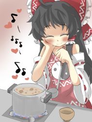 Rule 34 | 1girl, ^ ^, apron, bare shoulders, black hair, blush, bow, bowl, detached sleeves, closed eyes, fire, gaoo (frpjx283), hair bow, hair tubes, hakurei reimu, heart, highres, ladle, long hair, musical note, pot, smile, solo, stew, stove, touhou, yin yang