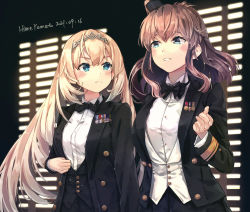Rule 34 | 2girls, alternate costume, artist name, black bow, black neckwear, black skirt, blonde hair, blue eyes, blush, bow, bowtie, brown hair, buttons, closed mouth, collared shirt, copyright name, dated, hair between eyes, hairband, highres, himeyamato, kantai collection, long hair, long sleeves, medal, multiple girls, open mouth, pleated skirt, saratoga (kancolle), shirt, side ponytail, skirt, the godfather, tiara, upper body, victorious (kancolle), white shirt