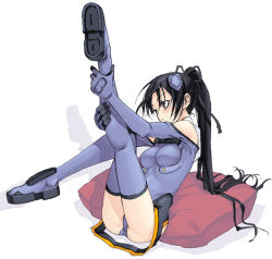 Rule 34 | 00s, 1girl, bare shoulders, black eyes, black hair, blue footwear, blue thighhighs, blush, boots, breasts, elbow gloves, from side, full body, gloves, hair ribbon, headgear, high ponytail, ichijou eika, kneepits, leaning back, leg hold, legs up, leotard, long hair, looking to the side, medium breasts, motionslit, pillow, pilot suit, ponytail, ribbon, satou atsuki, shadow, simple background, sitting, sky girls, solo, thigh boots, thighhighs, very long hair, white background