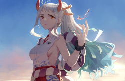 Rule 34 | 1girl, bare shoulders, blue sky, breasts, gradient hair, gradient sky, green hair, hakama, hakama pants, highres, horns, japanese clothes, large breasts, long hair, multicolored hair, multicolored horns, one piece, orange horns, pants, red eyes, rope, sky, solo, tesin (7aehyun), white hair, yamato (one piece), yellow horns
