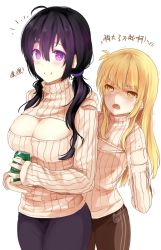 Rule 34 | &gt;:o, 2girls, :o, ahoge, bad id, bad pixiv id, beifeng han, black hair, blonde hair, blush, breast envy, breasts, c:, cleavage cutout, clenched hands, clothing cutout, cowboy shot, cyou shigen, glowing, glowing eyes, hair between eyes, hand on another&#039;s shoulder, height difference, large breasts, long hair, looking at another, looking at viewer, low twintails, meme attire, miyaura sanshio, multiple girls, open-chest sweater, open mouth, original, oversized clothes, purple eyes, ribbed sweater, sleeves past wrists, small breasts, smile, sweater, translation request, turtleneck, twintails, v-shaped eyebrows, wavy hair, yellow eyes