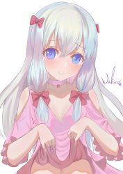 Rule 34 | 10s, 1girl, absurdres, adapted costume, artist name, bare shoulders, blue eyes, blush, bow, breasts, choker, clothes lift, clothing cutout, collarbone, commentary request, eromanga sensei, eyelashes, hair between eyes, hair bow, hair ornament, highres, izumi sagiri, lifting own clothes, long hair, looking at viewer, parted bangs, pink bow, pink choker, shirt lift, short sleeves, shoulder cutout, sidelocks, signature, silver hair, simple background, small breasts, smile, solo, teeth, white background, wide sleeves, wuhuo