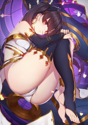 Rule 34 | 1girl, anklet, armlet, ass, asymmetrical legwear, asymmetrical sleeves, bare shoulders, barefoot, black hair, black ribbon, blush, breasts, bridal gauntlets, commentary request, crown, detached collar, earrings, elbow gloves, fate/grand order, fate (series), feet, full body, gloves, hair between eyes, hair ornament, hair ribbon, highres, hoop earrings, ishtar (fate), jewelry, langya beike, looking at viewer, medium breasts, neck ring, open mouth, parted bangs, red eyes, ribbon, short hair, single elbow glove, single thighhigh, solo, thighhighs, thighs, tiara, toeless legwear, two side up, uneven legwear, uneven sleeves