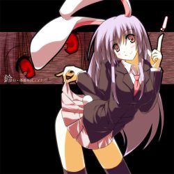 Rule 34 | 1girl, animal ears, bad id, bad pixiv id, business suit, clothes lift, female focus, formal, long hair, necktie, pointing, purple hair, rabbit ears, rabbit girl, rabbit tail, red eyes, reisen udongein inaba, sakurame, skirt, skirt lift, skirt suit, smile, socks, solo, suit, tail, thighhighs, touhou, zettai ryouiki, zoom layer