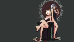 Rule 34 | 2girls, animal ears, bare shoulders, blonde hair, blue hair, breasts, cat ears, chair, cleavage, closed mouth, collar, corset, dress, flower, fox ears, fox tail, gradient hair, green hair, grey background, hair ornament, high heels, highres, jewelry, large breasts, crossed legs, less, long dress, long hair, looking at viewer, looking to the side, multicolored hair, multiple girls, no bra, no panties, pointy ears, rose, short hair, sitting, smelling, smile, standing, tail, wallpaper