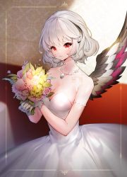 Rule 34 | 1girl, absurdres, annyeongbangawo, arpiel, black hair, black wings, bouquet, breasts, cleavage, closed mouth, dress, feathered wings, flower, gloves, grey hair, hands up, highres, holding, holding bouquet, medium breasts, multicolored hair, multicolored wings, pink flower, purple flower, purple wings, red eyes, short sleeves, single wing, solo, streaked hair, white dress, white gloves, white wings, wings, yellow flower