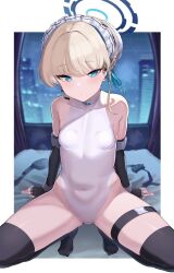 Rule 34 | 1girl, arm support, bare shoulders, black gloves, black thighhighs, blonde hair, blue archive, blue eyes, breasts, bun cover, collarbone, covered collarbone, covered navel, elbow gloves, fingerless gloves, gloves, hair ribbon, halo, highres, leotard, looking at viewer, maid headdress, ribbon, short hair, small breasts, solo, squatting, thighhighs, toki (blue archive), unizou, white leotard