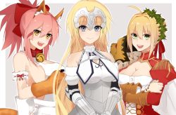 Rule 34 | 10s, 3girls, ahoge, animal hands, apron, bell, blonde hair, blue eyes, breasts, cleavage, collar, fate/apocrypha, fate/extra, fate/grand order, fate (series), gloves, green eyes, highres, ichigopantsu, jeanne d&#039;arc (fate), jeanne d&#039;arc (ruler) (fate), jeanne d&#039;arc (third ascension) (fate), long hair, multiple girls, naked apron, neck bell, nero claudius (fate), nero claudius (fate) (all), nero claudius (fate/extra), paw gloves, pink hair, ponytail, tamamo (fate), tamamo cat (fate), tamamo cat (third ascension) (fate), tamamo no mae (fate/extra), yellow eyes