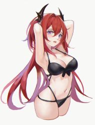 1girl, armpits, arms behind head, bangs, bikini, demon girl, highres, horns, long hair, looking at viewer, navel, open mouth, simple background, solo, standing, star-shaped pupils, star (symbol), surtr (arknights), swimsuit, symbol-shaped pupils, white background