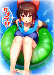 Rule 34 | 1girl, barefoot, black gloves, blue one-piece swimsuit, bow, breasts, brown hair, cleavage, commentary request, cookie (touhou), feet, gloves, hair bow, hair tubes, hakurei reimu, highres, innertube, large breasts, looking at viewer, one-piece swimsuit, red bow, red eyes, reu (cookie), school swimsuit, sidelocks, solo, swim ring, swimsuit, tarmo, toes, touhou, water, wet
