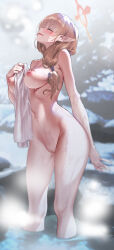 Rule 34 | 1girl, absurdres, between breasts, blue archive, blurry, blurry background, blush, breasts, brown halo, chinatsu (blue archive), chinatsu (hot spring) (blue archive), cleft of venus, closed eyes, completely nude, halo, highres, holding, holding towel, light brown hair, light smile, long hair, looking up, medium breasts, nipples, nude, official alternate hairstyle, onsen, outdoors, pointy ears, profile, pussy, shiroi shiroyama, smile, solo, standing, steam, thighs, towel, water, wet