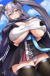 Rule 34 | 1girl, alternate breast size, azur lane, bandeau, black skirt, blue eyes, blue sky, blush, breasts, cameltoe, cloak, clothes writing, cloud, commentary, cowboy shot, dated, day, from below, hair between eyes, hair ornament, hands up, high collar, highres, huge breasts, intrepid (azur lane), long hair, looking at viewer, looking down, mole, mole on breast, open cloak, open clothes, outdoors, panties, signature, skindentation, skirt, sky, solo, thick thighs, thighhighs, thighs, two side up, underboob, underwear, white panties, yoohi, zipper